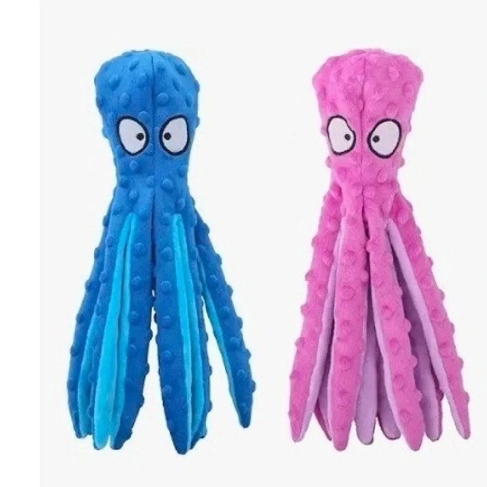 2 Pack Octopus Dog Toys No Stuffing Plush Blue Pink Durable Chew Toy